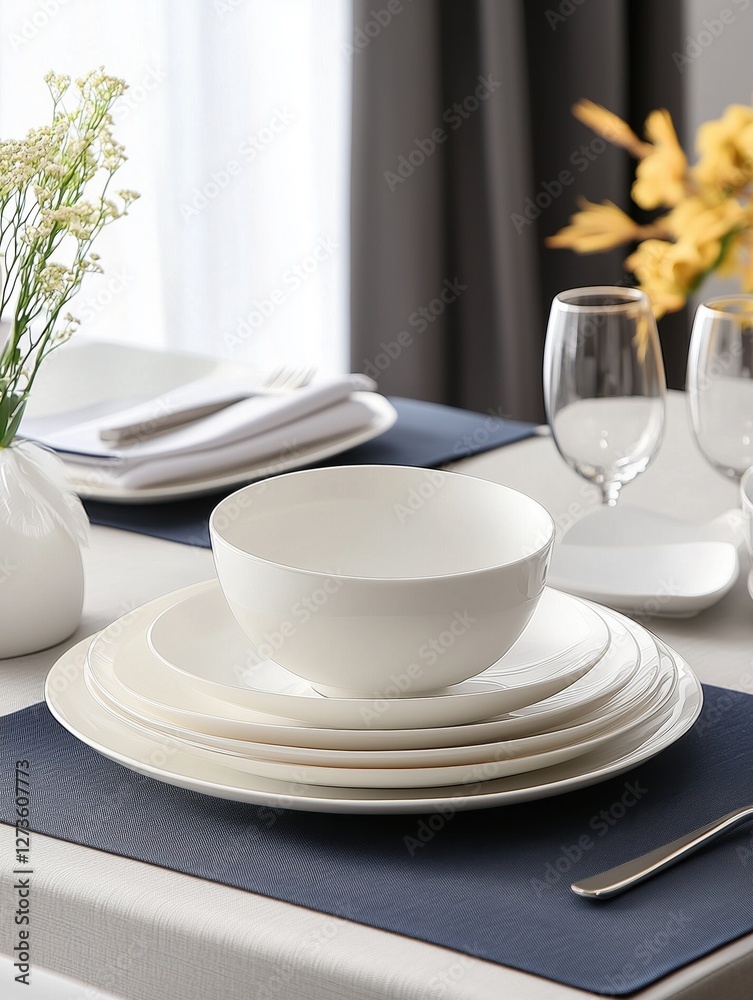 Elegant Minimalist Table Setting with White Dishware Elegant Minimalist Table Setting with White Dishware