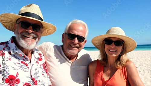 A man and woman posing for a photo on the beach.