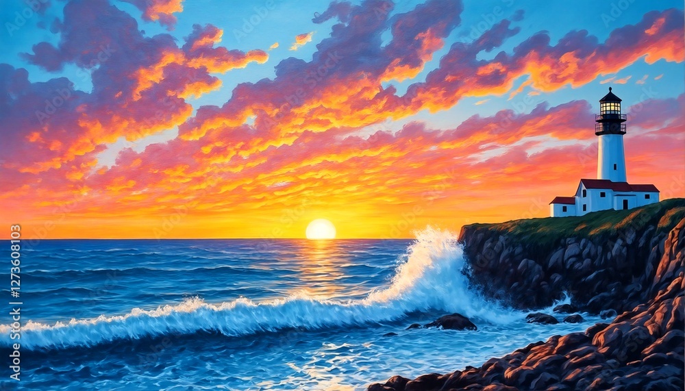 Obraz premium A serene and captivating seascape featuring a lighthouse standing tall against a backdrop of vast ocean waters.