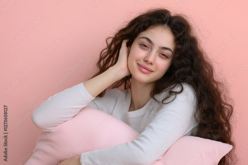 Playful girl holding a pillow with both hands, tilting her head to the side against a smooth light background, natural and joyful vibes Playful girl holding a pillow with both hands, tilting her head to the side against a smooth light background, natural and joyful vibes