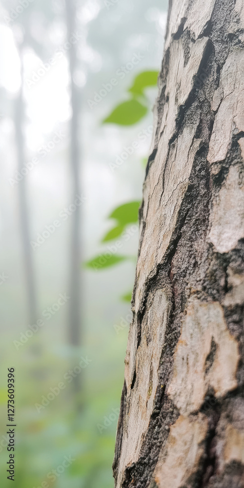 Obraz premium Close up of tree bark in misty forest setting with blurred background of tall trees