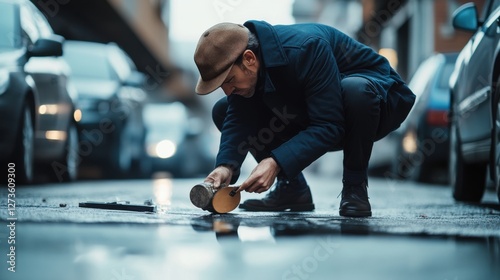 A detective examining a discarded item near a crime scene. Featuring suspicion and investigation