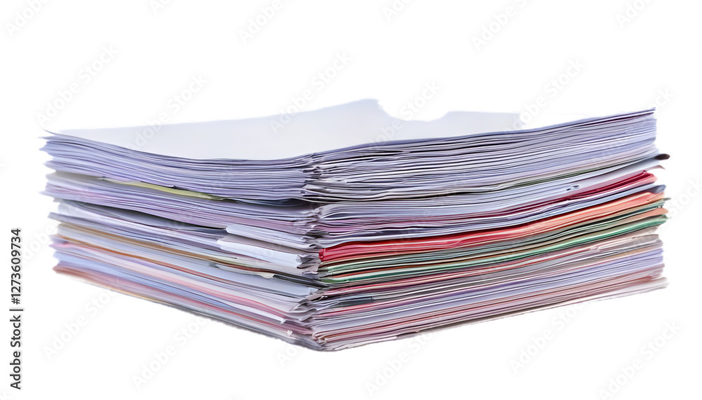Stack of multicolored paper documents isolated on clear png background Stack of multicolored paper documents isolated on clear png background