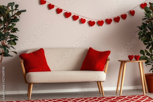 Interior decor with red hearts, plants, sofa. Possible use love, romance photo