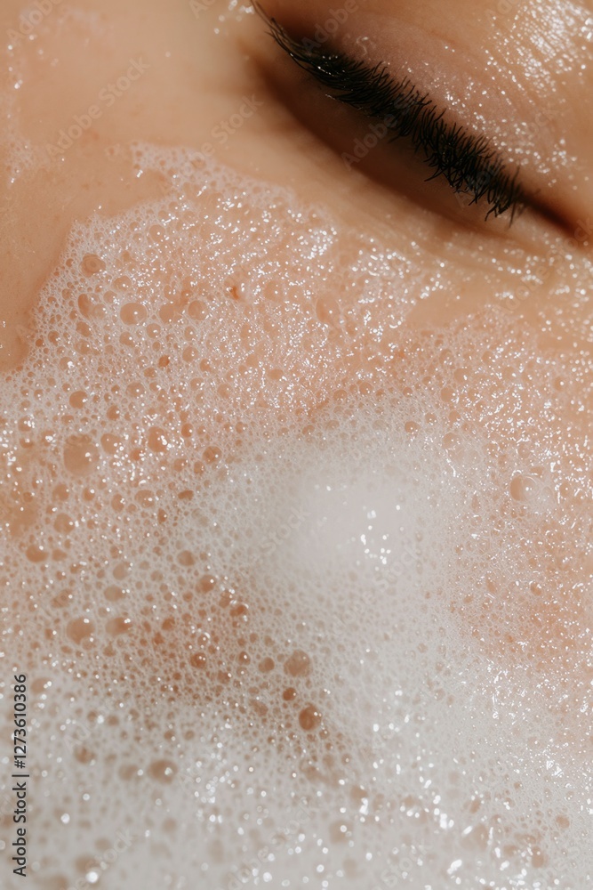 Fototapeta premium Woman's eye and face covered in foamy cleanser during skincare routine in soft light