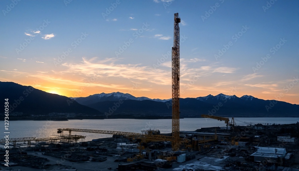 Obraz premium The image shows two photographs of a construction site near a body of water at sunset.