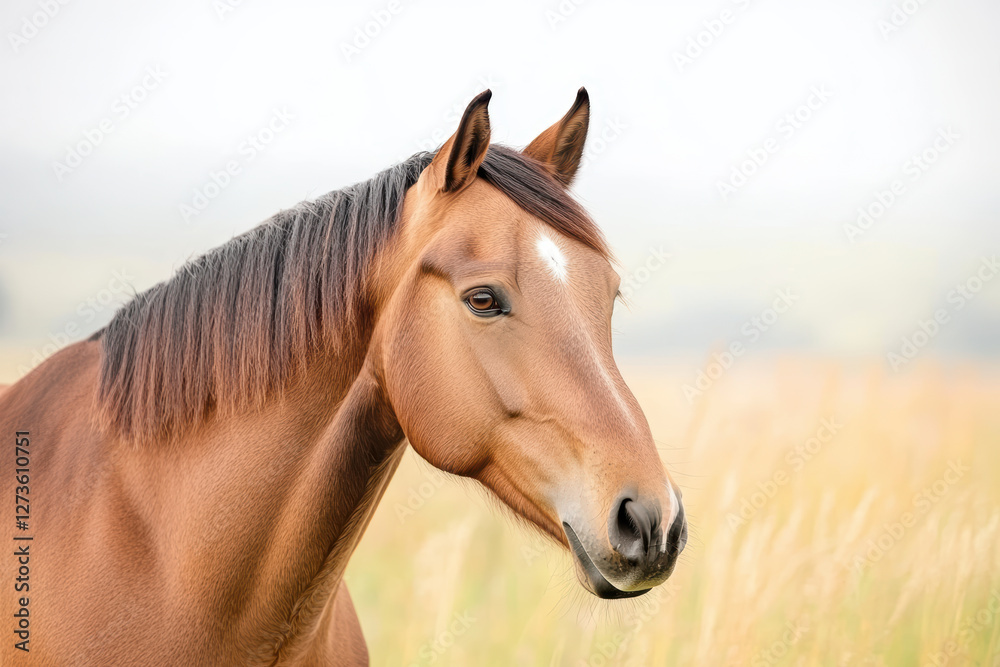 Fototapeta premium Elegant brown horse in a lush meadow looking serene and majestic