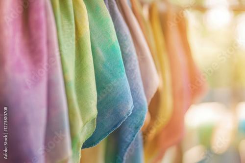 Wallpaper Mural Multicolored fabric swatches hanging in sunlit environment with soft textures and vibrant hues Torontodigital.ca