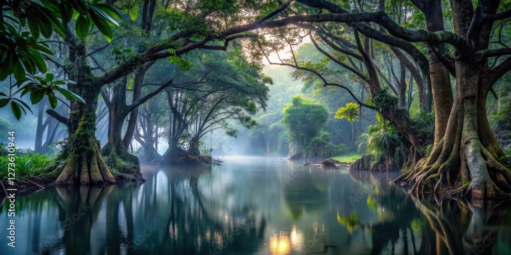 Fototapeta premium Dense foliage and twisted tree trunks line the murky waters of a dark jungle lake at dawn, darkness, mist, darkness, mist, nature