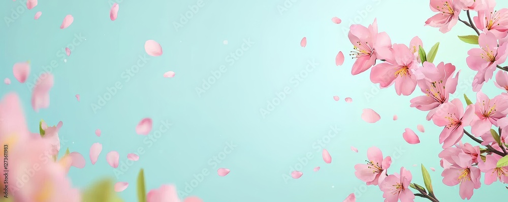 Delicate Pink Blossom Flowers and Falling Petals on a Light Blue Background Delicate Pink Blossom Flowers and Falling Petals on a Light Blue Background
