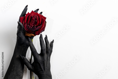 The black hands with long nails hold a rose and make it dry. Concept photo with woman hands painted in black paint with hold a red flower. 