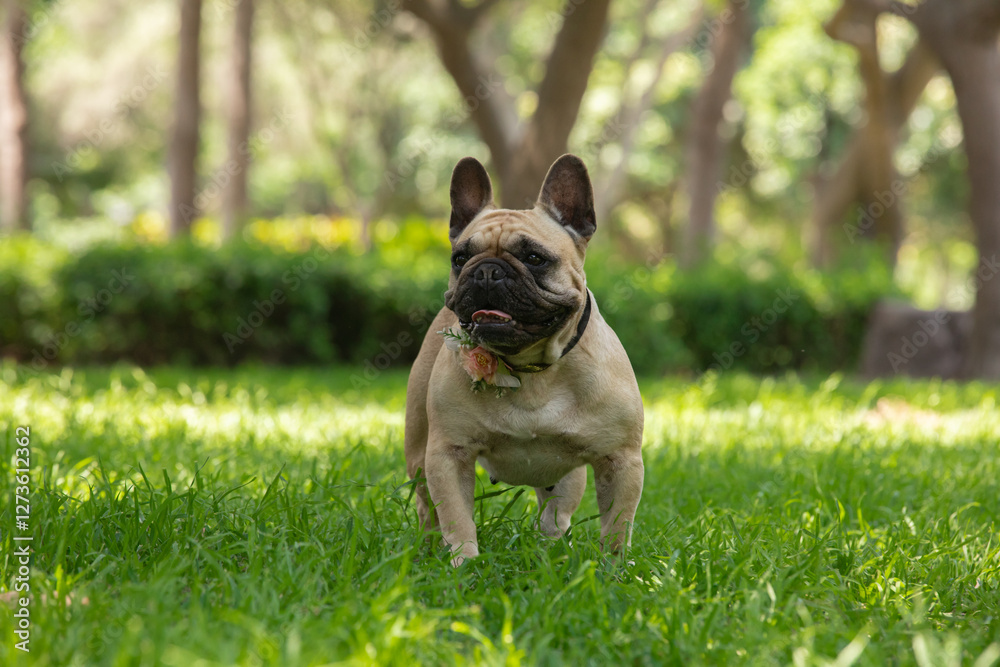 French bulldog standing on the green grass in the park with copy space French bulldog standing on the green grass in the park with copy space
