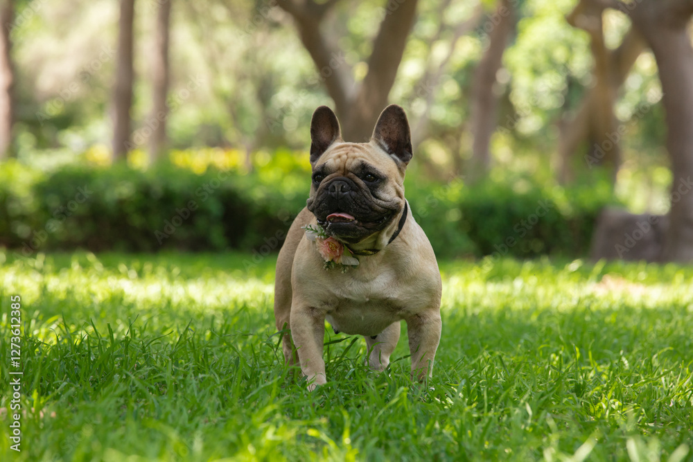 French bulldog standing on the green grass in the park with copy space French bulldog standing on the green grass in the park with copy space