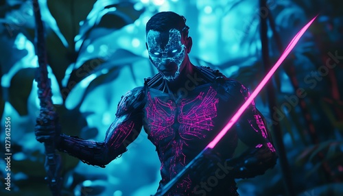 A fierce cybernetic warrior infused with luminous nanotech tattoos standing in a neon-lit jungle holding an advanced energy spear