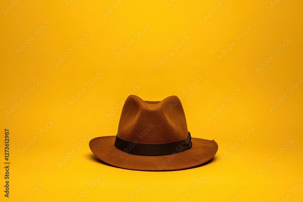 A stylish brown fedora with black band on yellow background A stylish brown fedora with black band on yellow background