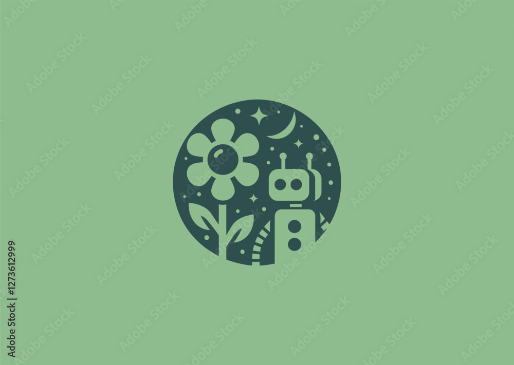 A unique robot and flower logo symbolizing the fusion of technology and nature with a creative concept. A unique robot and flower logo symbolizing the fusion of technology and nature with a creative concept.