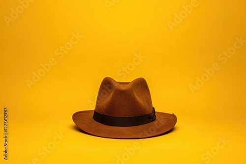 A stylish brown fedora with black band on yellow background photo