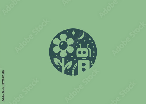 A unique robot and flower logo symbolizing the fusion of technology and nature with a creative concept.