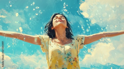 Serene Woman Embracing Freedom and Joyful Sky