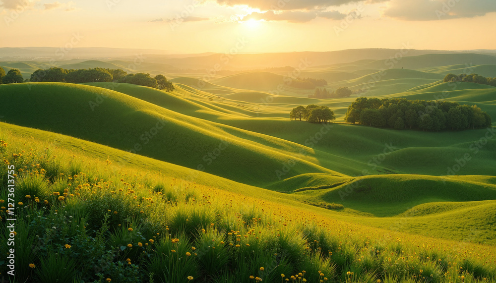 Fototapeta premium Lush green hills under golden sunset sky