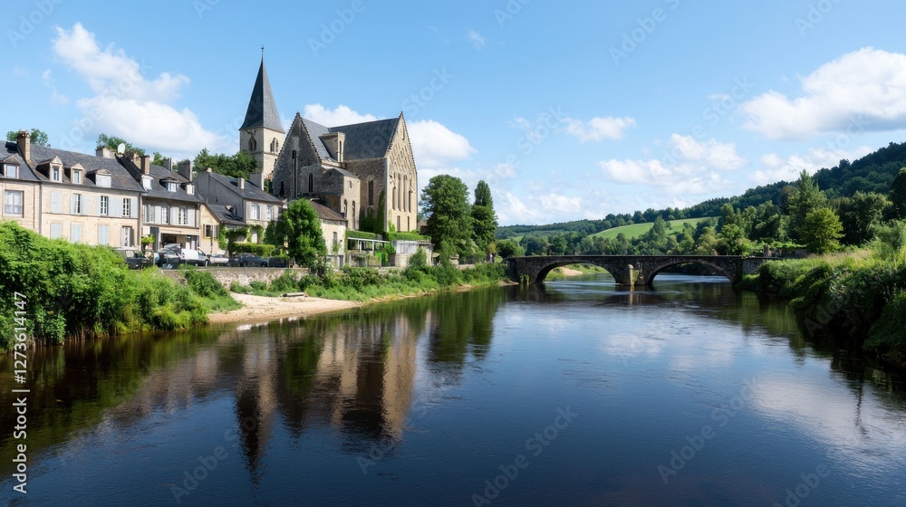 Obraz premium Scenic riverside view featuring a church and bridge under blue skies.