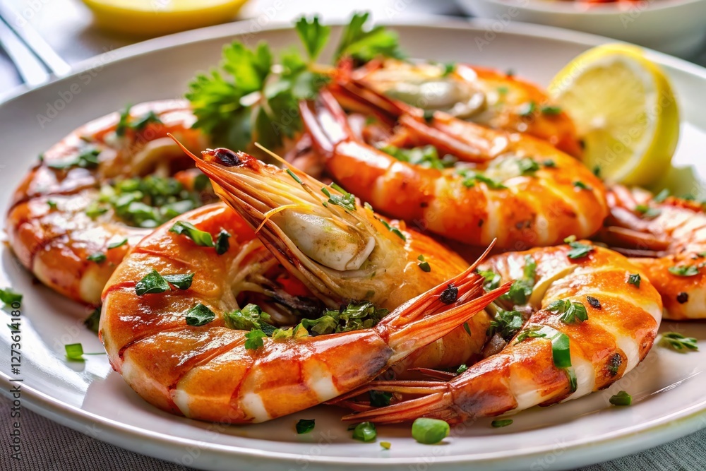 Delicious Grilled Shrimp Restaurant Dish - Isolated Plate of Sizzling Seafood Delicious Grilled Shrimp Restaurant Dish - Isolated Plate of Sizzling Seafood