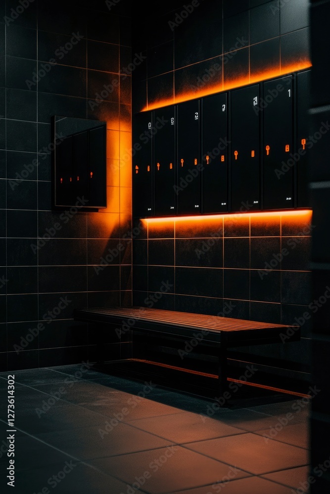 Empty gym lockers with a bench in dark background. Showcases gym facility Empty gym lockers with a bench in dark background. Showcases gym facility