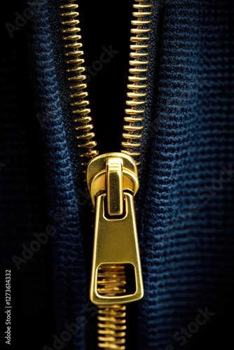 A close-up of a gold zipper on dark blue fabric, showing the zipper pull and teeth in sharp detail