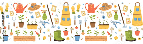 Gardening items border pattern. Farm or planting tools. Flat cartoon vector illustration. Agriculture graphic for banner, stickers.