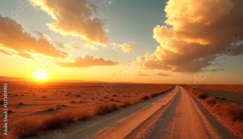 A desert landscape with a dirt road and sunset.