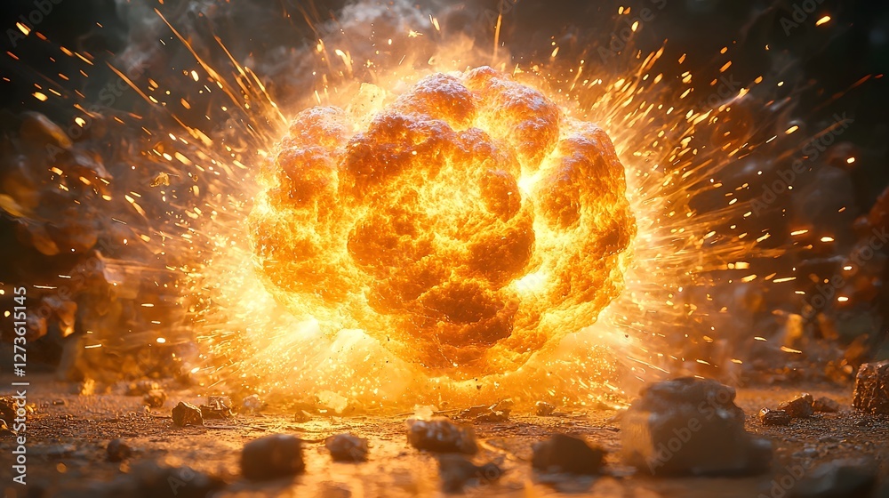 Fototapeta premium Macro Shot of a Glowing Bomb Explosion Showing Intricate Fiery Details and Miniature Debris