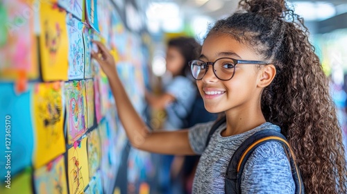 Joyful Girl Interacting with Colorful Art Wall in Bright Environment