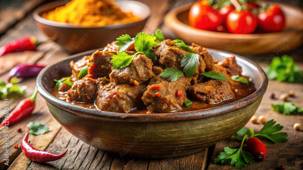 Delicious Indonesian Beef Rendang in Bowl with Coriander Garnish - Stock Photo Delicious Indonesian Beef Rendang in Bowl with Coriander Garnish - Stock Photo