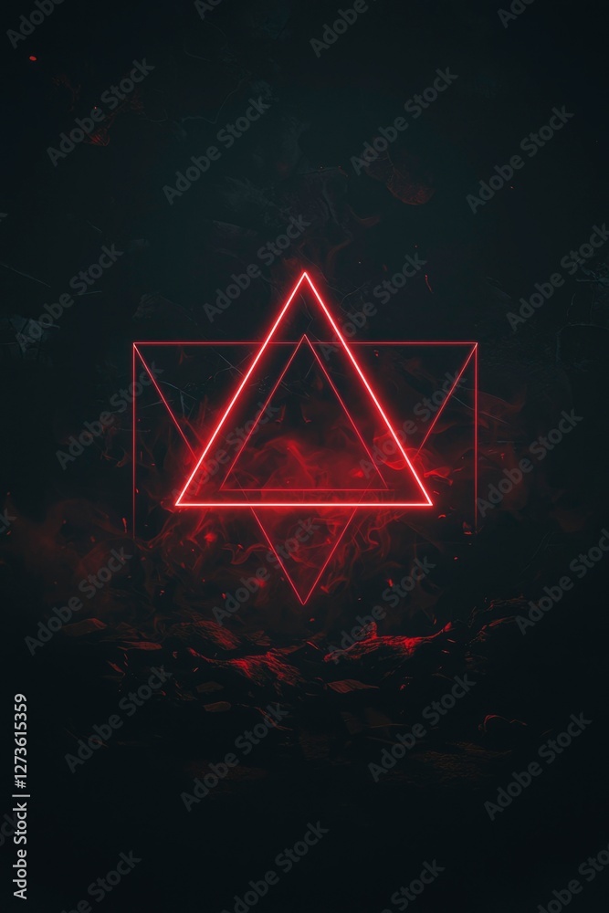 Fototapeta premium Neon red triangles illuminate abstract smoky background. Illustration for wallpaper use