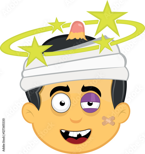 vector illustration yellow emoji character male, hurt with a black eye and seeing stars