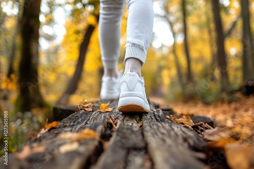 Person walks on a wooden path through a vibrant autumn forest with bright yellow leaves photo