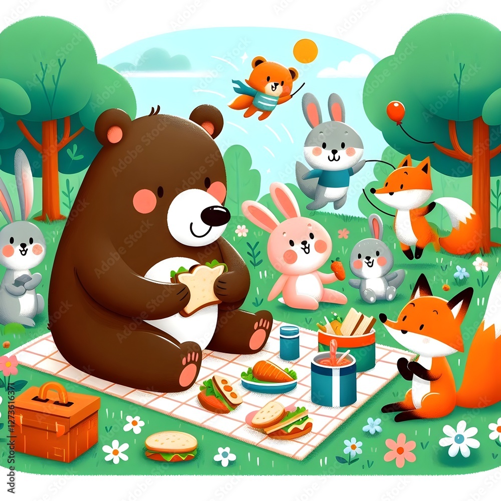 Obraz premium Die Tiere im Wald picknicken mit dem Bären
