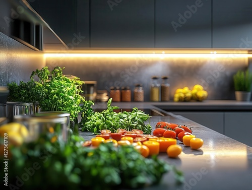 Healthy meal planning using AR nutritional guide, sleek modern kitchen, vibrant colors, bright lighting, photorealism