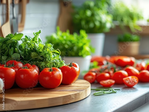 Healthy meal planning using AR nutritional guide, sleek modern kitchen, vibrant colors, bright lighting, photorealism