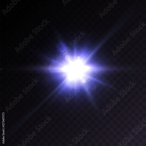 Vivid purple glowing light effect. Glowing light rays effect. Star glare with shimmering glitter. Beautiful shimmering light glare. Vector 10 EPS