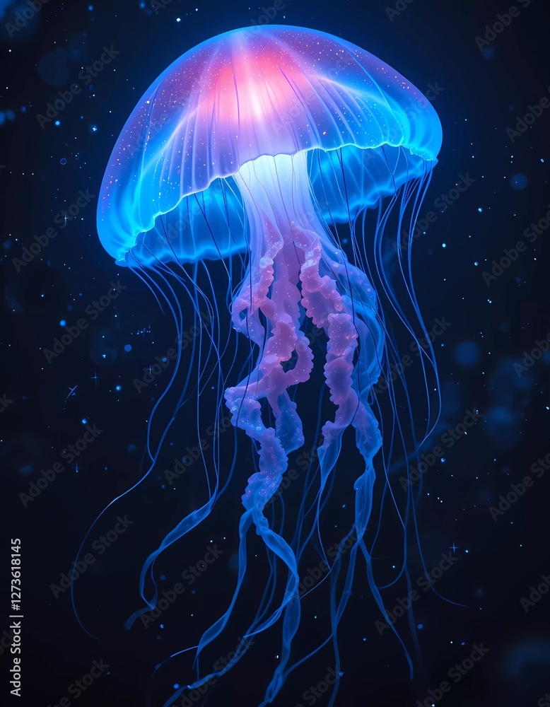 Fototapeta premium Colorful Illuminated Jellyfish in Underwater Ocean Scene with Glowing Effects