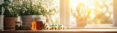 Herbal medicine consultation with AR display of medicinal properties, warm natural light, holistic approach, digital art
