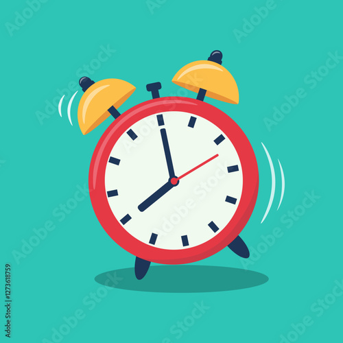 Alarm clock on mint background. Wake up timer clock. Morning timer clock cartoon design. Ringing watch. Vector illustration.