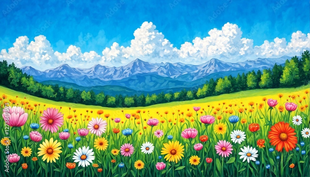 Obraz premium a landscape painting of a field of wildflowers and trees with mountains in the background.