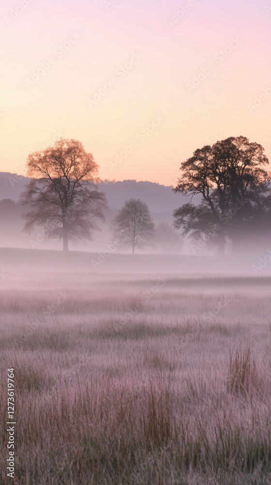 Serene misty landscape at sunrise with silhouetted trees and rolling hills Serene misty landscape at sunrise with silhouetted trees and rolling hills