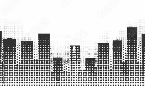 Skyline Illustration Black building silhouettes against abstract dotted fade-out backdrop, possibly for decoration