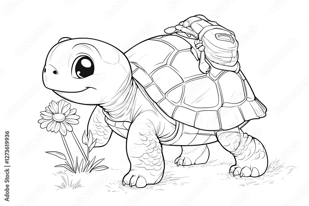 Fototapeta premium Baby turtle with a tiny shell backpack, holding a small flower.