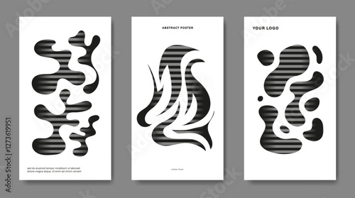 Three abstract posters with the effect of cut-out paper.
