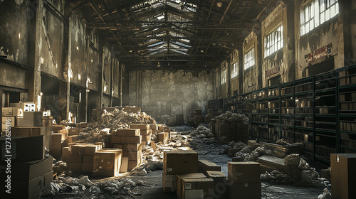 Abandoned warehouse with dusty boxes and forgotten items