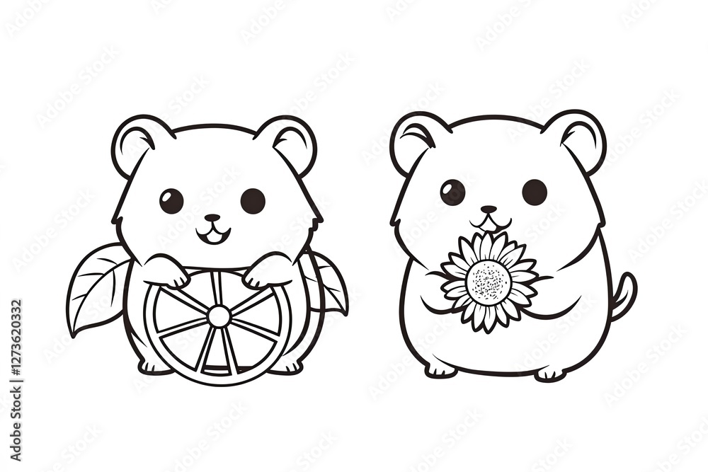 Hamster holding a sunflower seed, sitting inside a tiny wheel. Cute Cartoon Character Design and Computer Game. Coloring Book Outline Set. Hamster holding a sunflower seed, sitting inside a tiny wheel. Cute Cartoon Character Design and Computer Game. Coloring Book Outline Set.